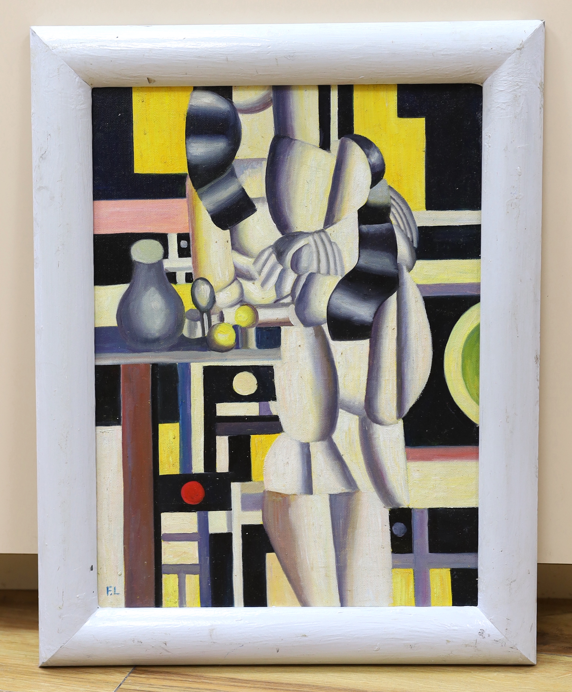 After Fernand Leger (French, 1881-1955) oil on board, Surreal figures and geometric shapes, 39 x 29cm
